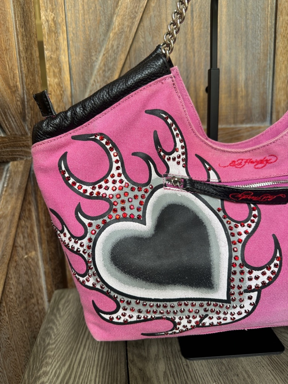 Ed Hardy Vintage Y2K World Citizen Pink Canvas Rhinestones Embroidered Purse - Picture 5 of 16